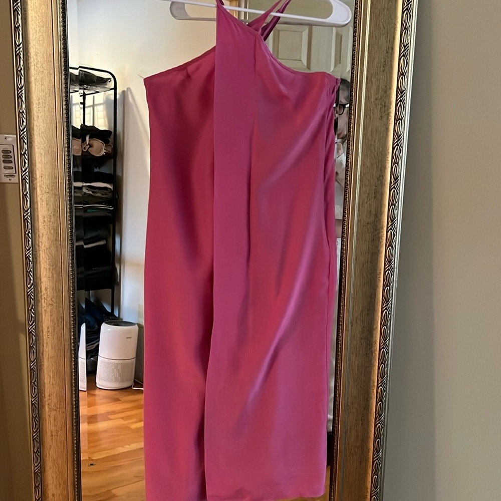 Topshop dress Sz 8 halter neck Asymmetrical hem Central ruffle EUC